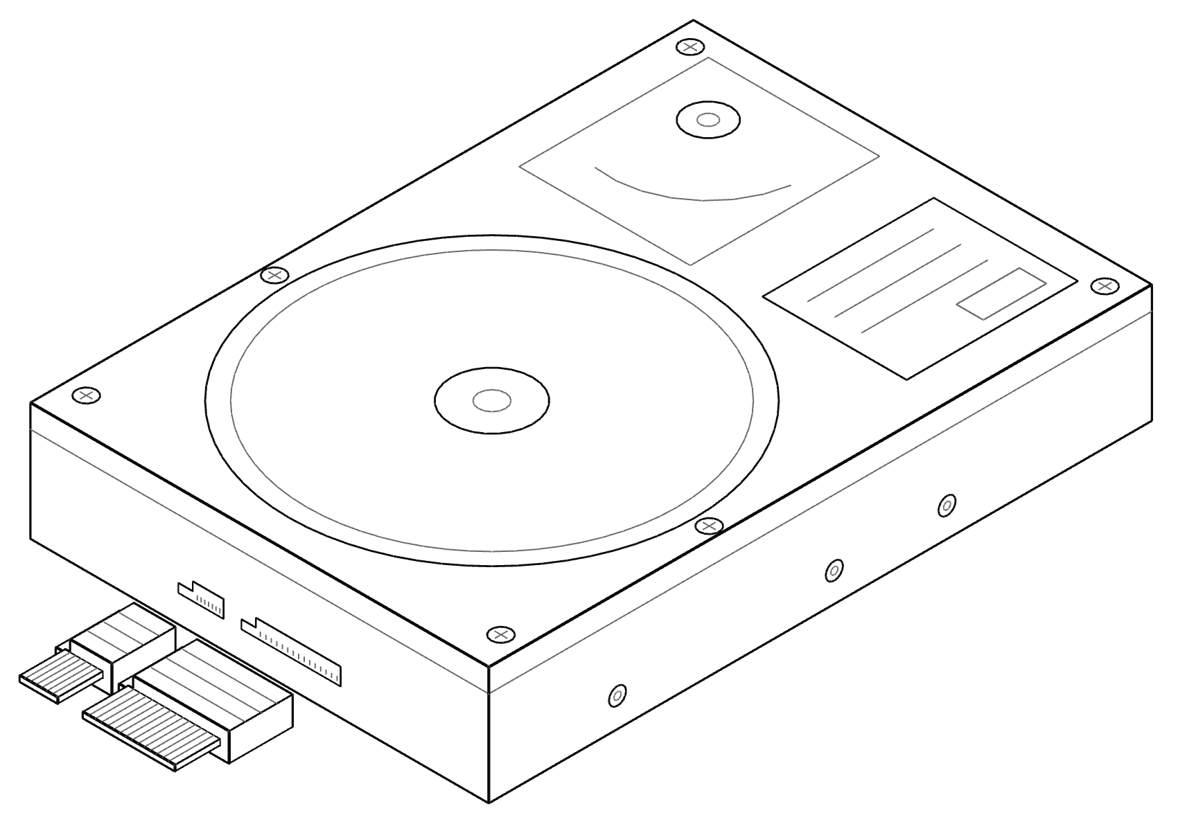 Dibujo esquemático de un disco duro con su carcasa. Los platos y los cabezales van dentro y no se ven en el dibujo.