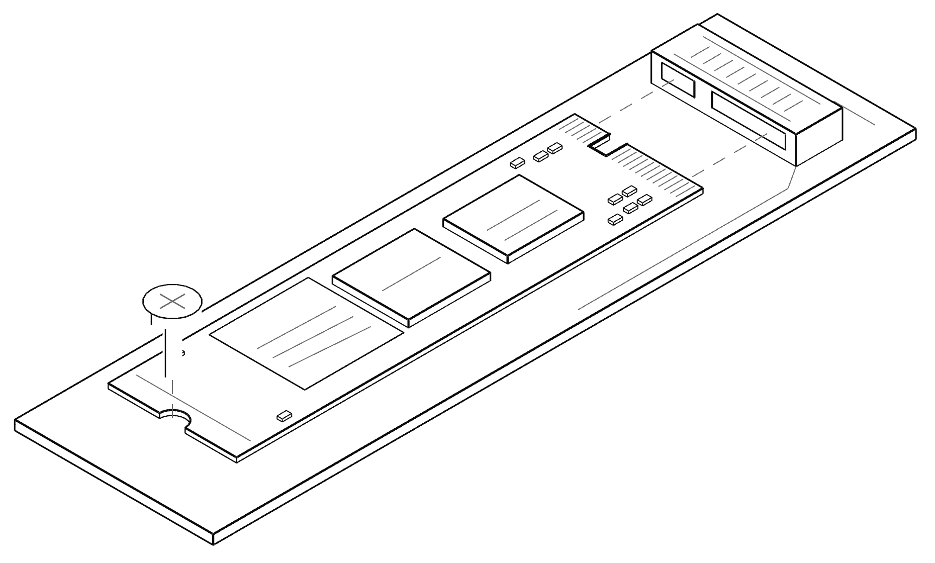 Dibujo esquemático de un SSD M.2 NVMe, medio fuera de su ranura para que se vea la muesca de la llave, que se dibuja exagerada. Los modelos reales cambian en la cantidad de chips, el disipador y el largo.