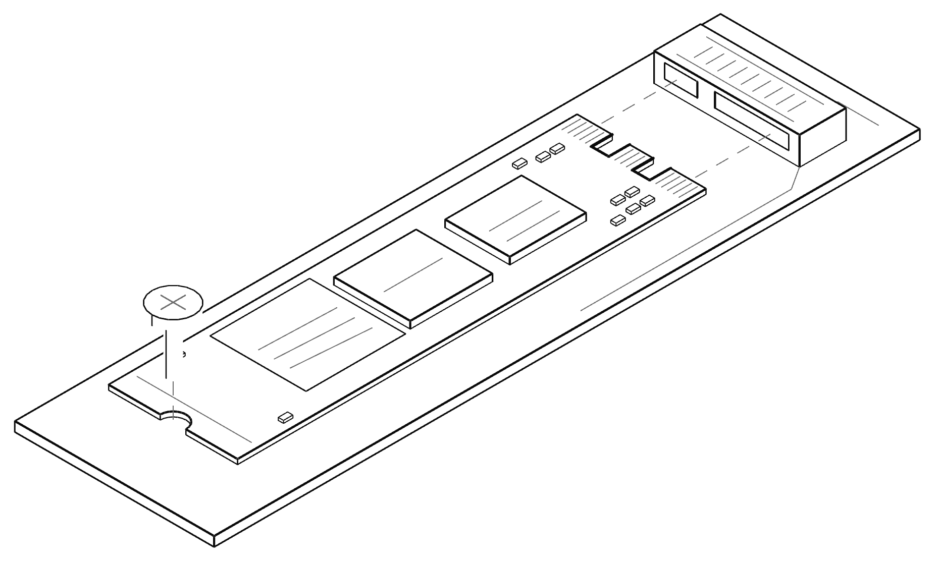 Dibujo esquemático de un SSD M.2 SATA, medio fuera de su ranura para que se vean sus muescas, que se dibujan exageradas. Por fuera se parece a un NVMe: el protocolo se confirma en la ficha del modelo.