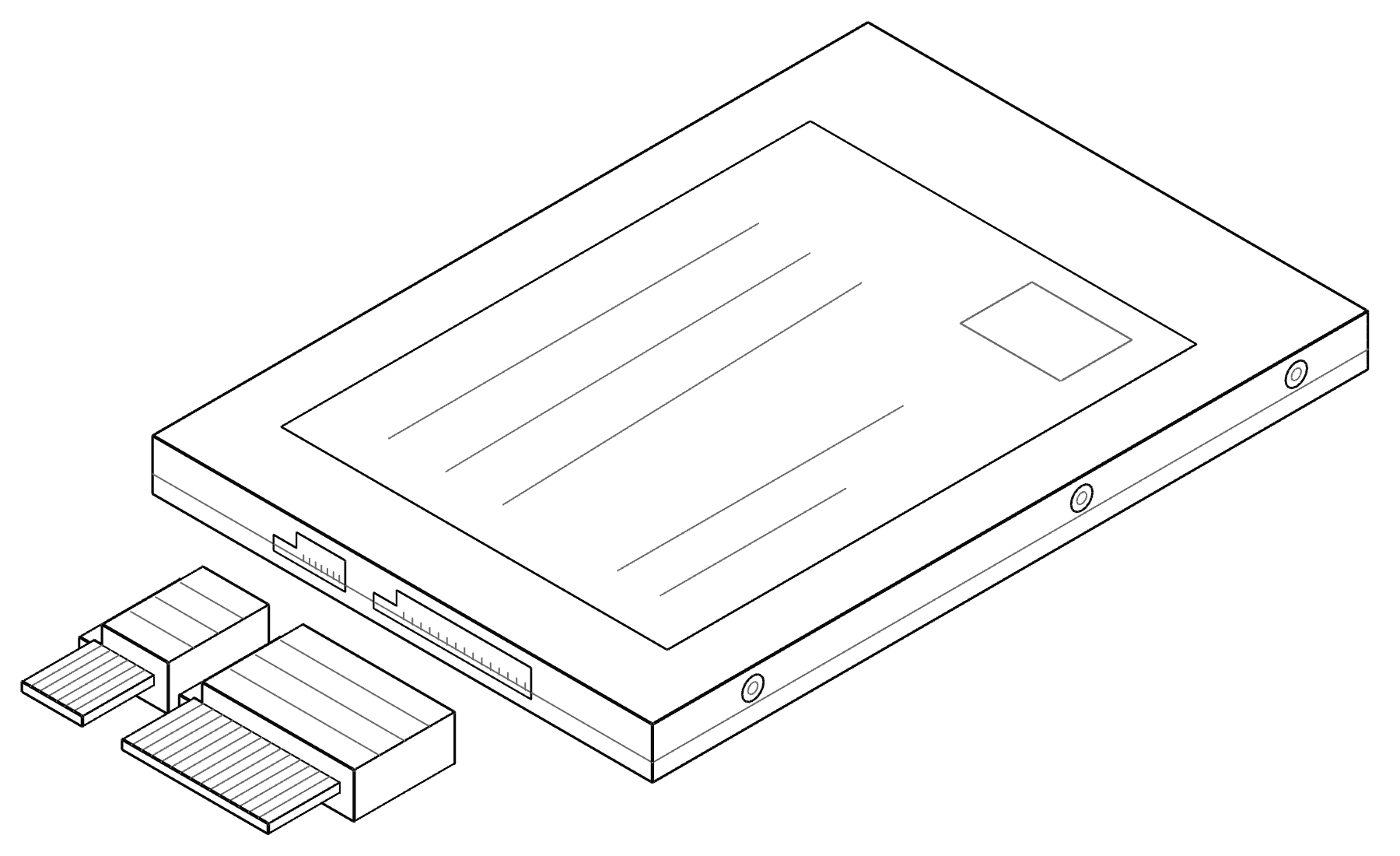 Dibujo esquemático de un SSD SATA con su carcasa. Los modelos reales cambian en el acabado y en el grosor.