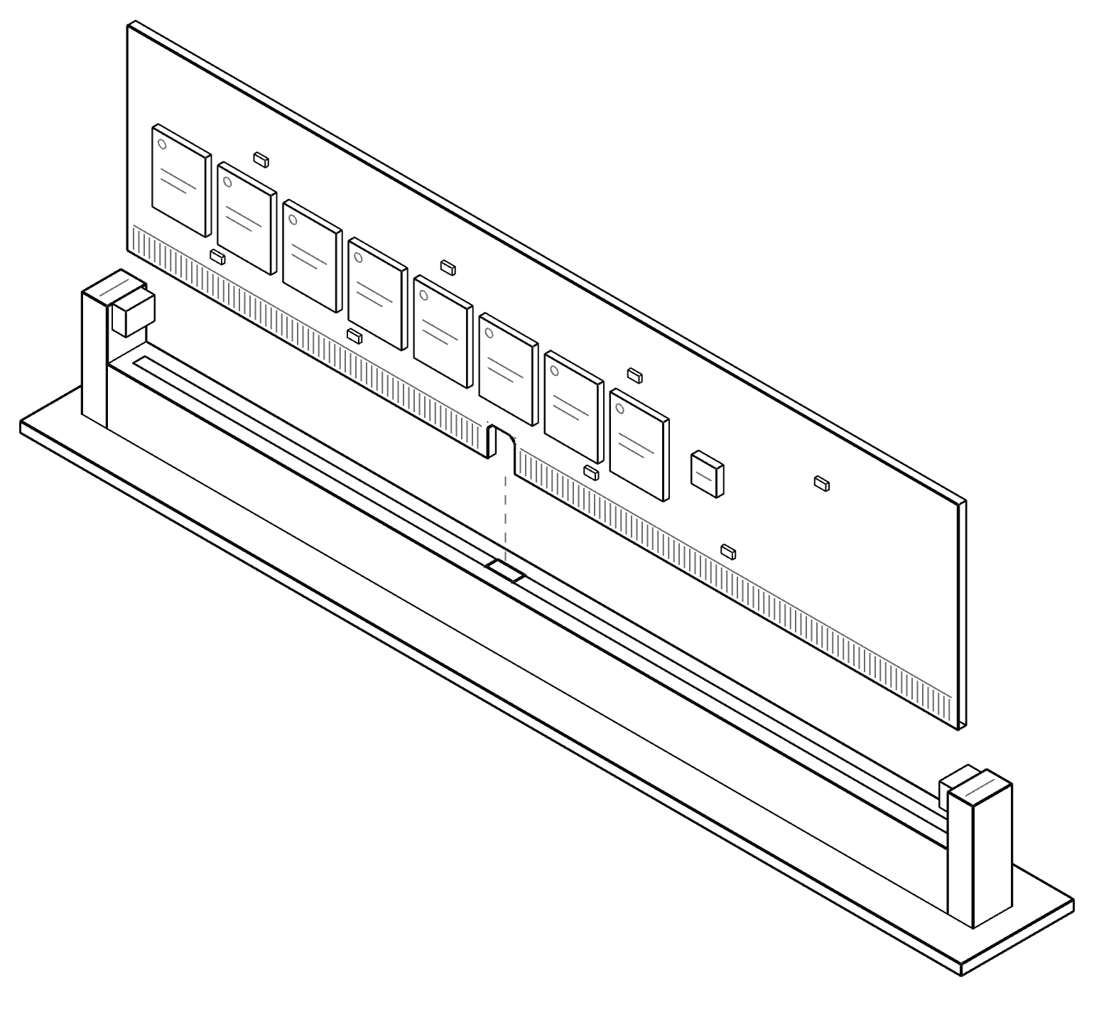 Dibujo esquemático de un módulo DIMM de DDR4 sin disipador. La muesca se dibuja más grande para que se note, y su posición es ilustrativa. Los módulos reales cambian en color, disipador y cantidad de chips.