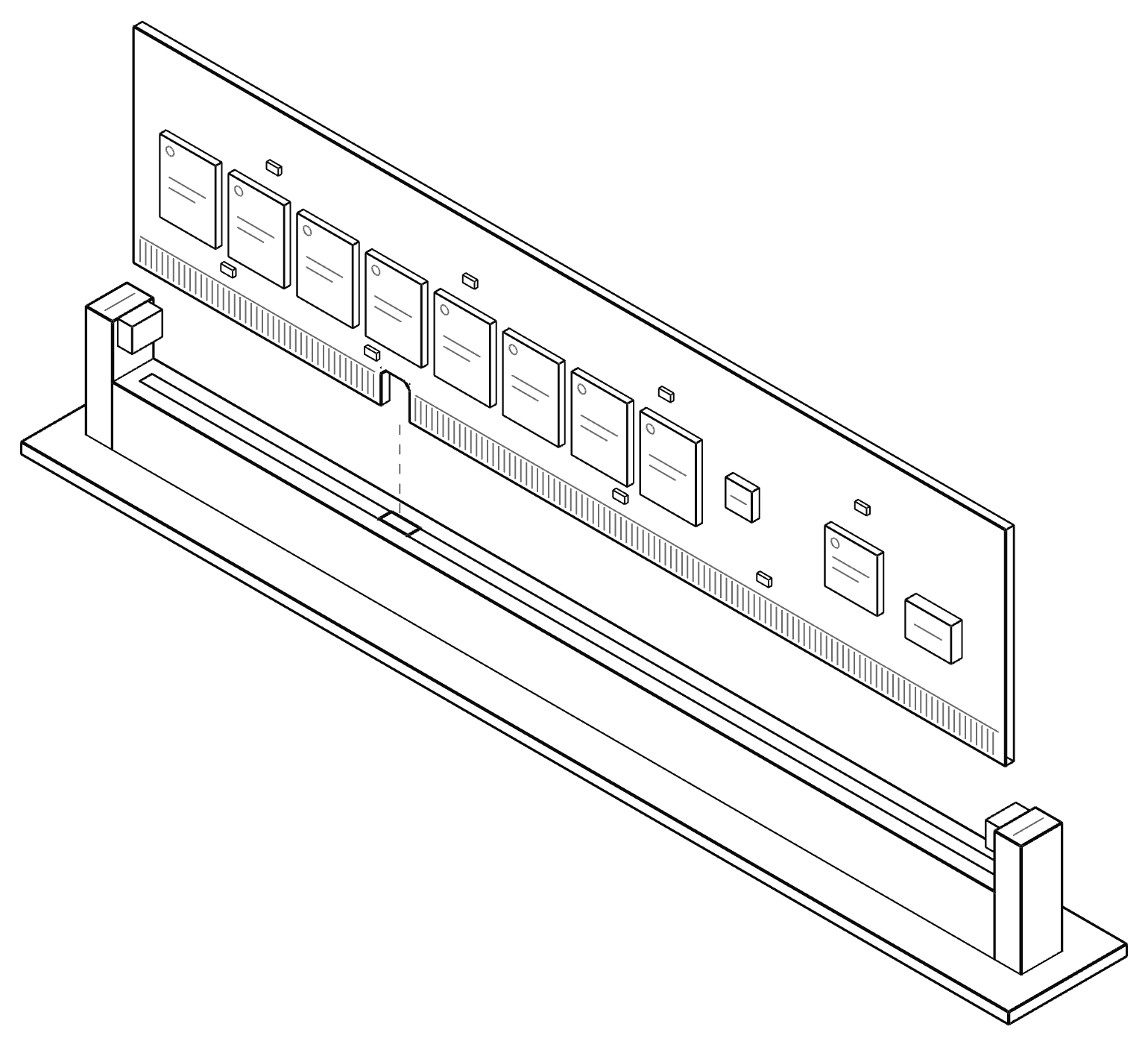 Dibujo esquemático de un módulo DIMM de DDR5 sin disipador. La muesca se dibuja más grande para que se note, y su posición es ilustrativa. Los módulos reales cambian en color, disipador y cantidad de chips.