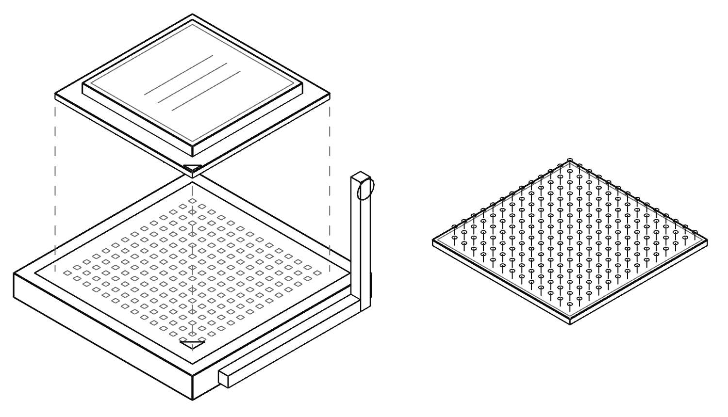 Dibujo esquemático de un procesador AMD AM4. Se muestra el mismo procesador por las dos caras: arriba, sobre su socket, y a su lado, volteado, con los pines a la vista. Las proporciones y la cantidad de pines son ilustrativas.