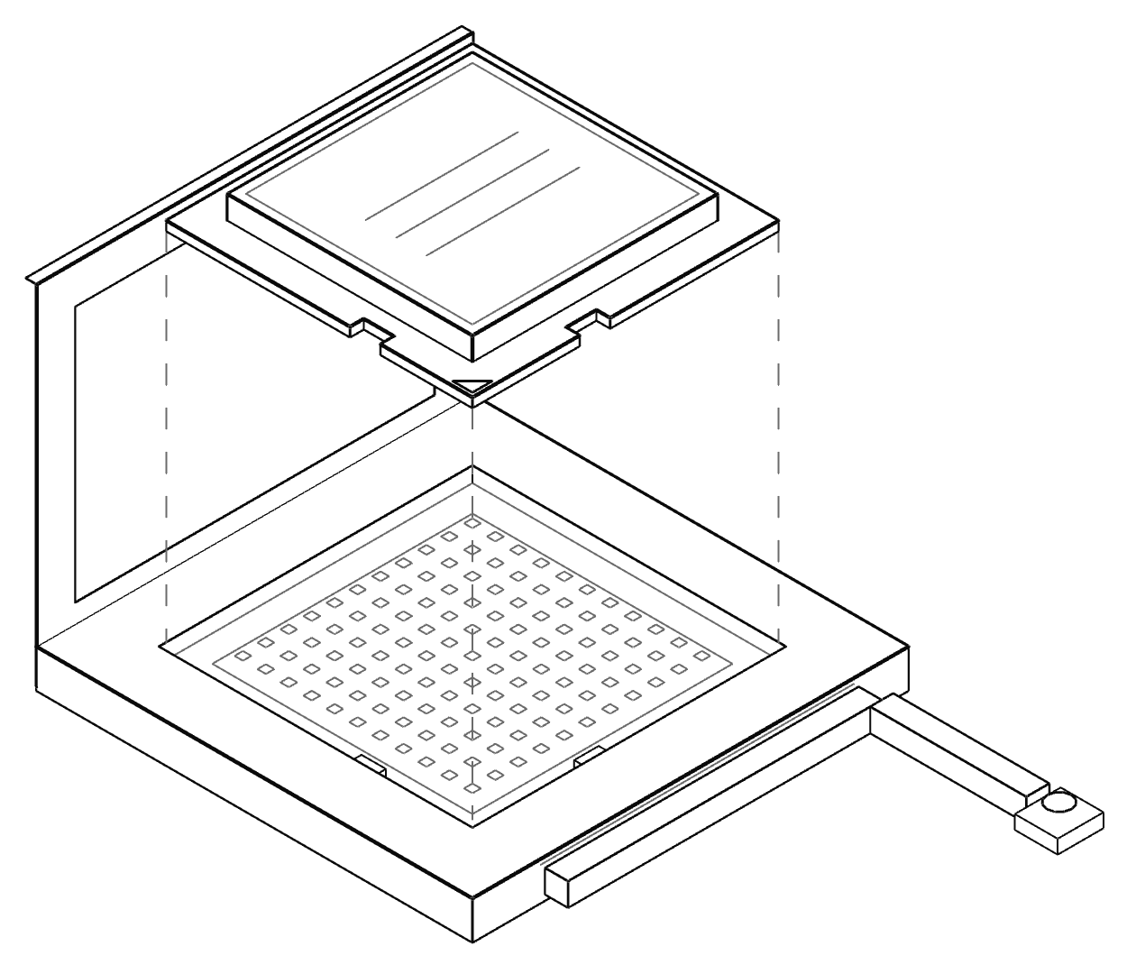 Dibujo esquemático de un procesador AMD AM5 flotando sobre su socket, para que se vean los contactos del socket. Las proporciones y la cantidad de contactos son ilustrativas.