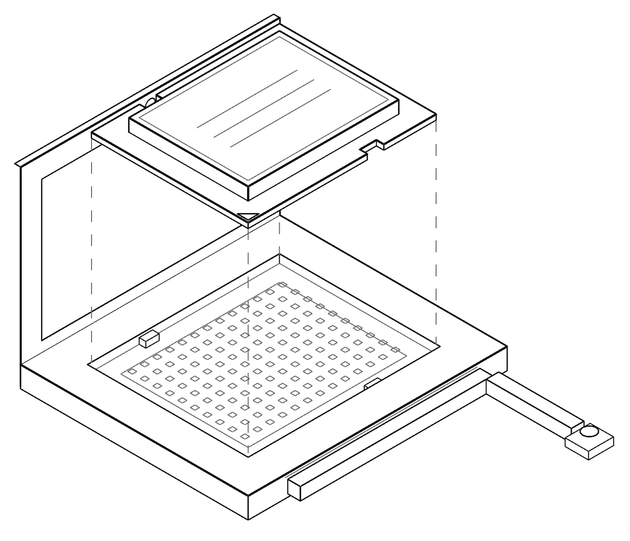 Dibujo esquemático de un procesador Intel flotando sobre un socket LGA, para que se vean los contactos del socket. Es un contorno genérico, sin marcas ni números de socket.