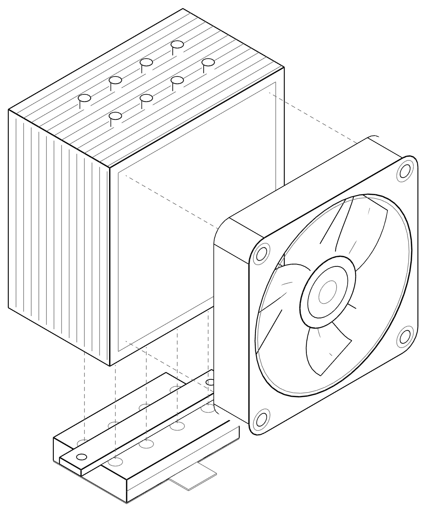 Dibujo esquemático de un disipador por aire de torre. Las proporciones y la forma cambian según el modelo.