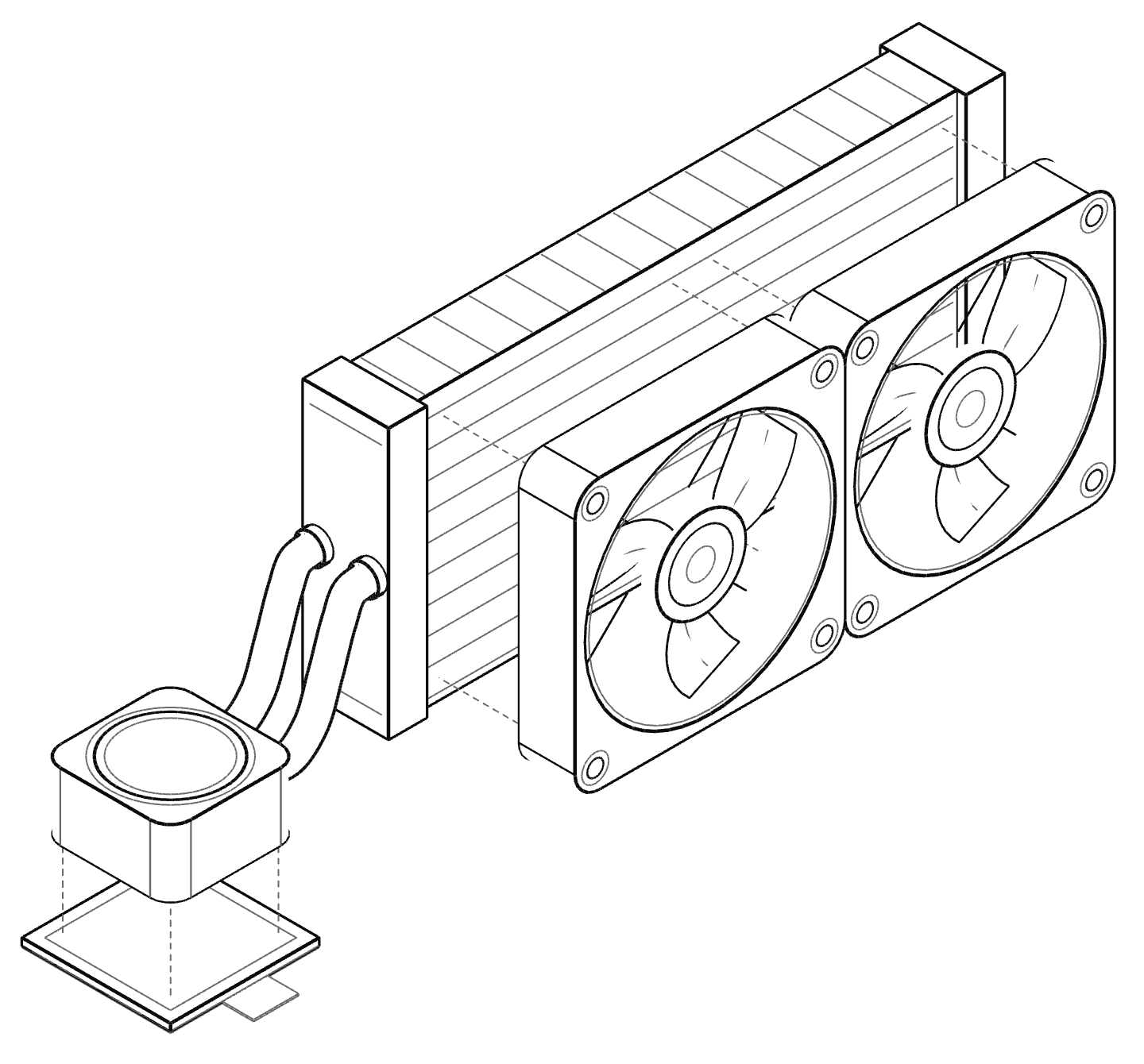 Dibujo esquemático de una refrigeración líquida todo en uno. El tamaño del radiador y la forma del bloque cambian según el modelo.