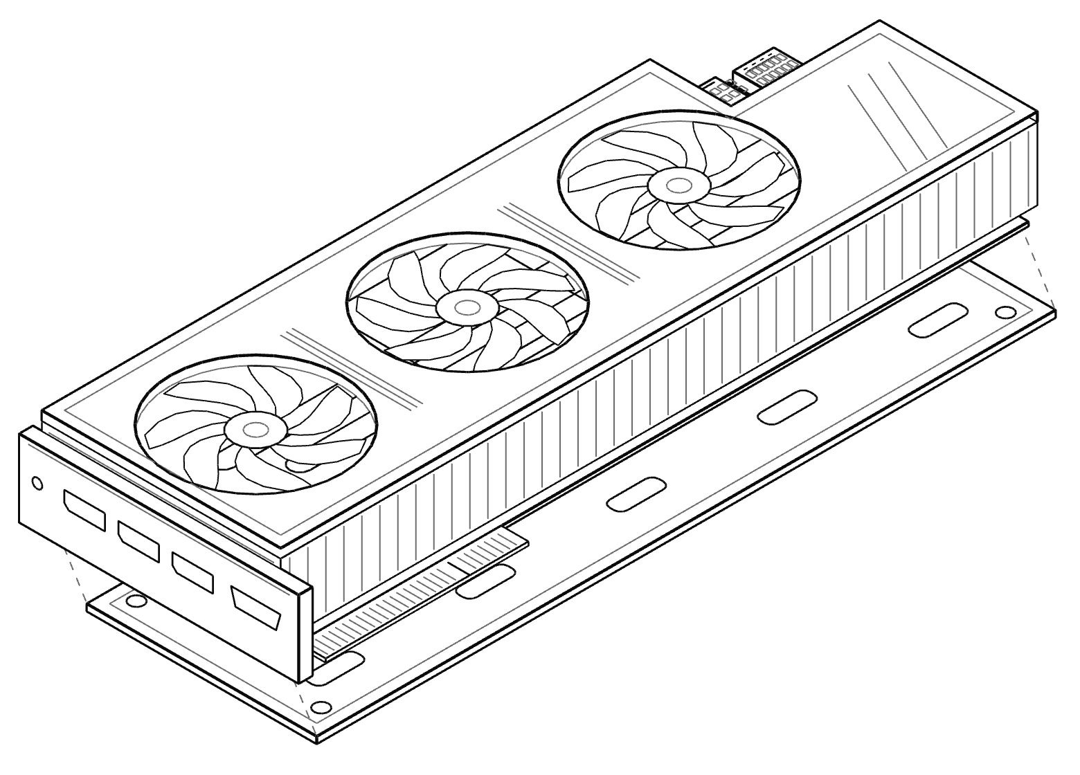 Dibujo esquemático de una tarjeta gráfica armada. Los dos tipos de conector de energía se dibujan juntos solo para distinguirlos: una tarjeta real trae uno u otro. La placa trasera (backplate) se muestra separada, hacia abajo. Las proporciones son ilustrativas.